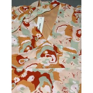 Women's Dress Small Fit & Flare Green Peach Watercolor Floral Abstract V Neck